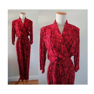 Vintage 80s Jumpsuit - Abstract Print - Plunging Neckline Romper - Burgundy Red & Black Rayon - Size XS / Small 