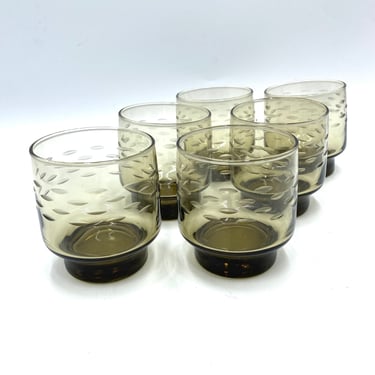 Libbey Tawny Accent Old Fashioned Glasses, Etched, Set of 7 Smokey Brown Glasses, Lowball Cocktail Rocks Glass, Juice, Drinkware, Barware 