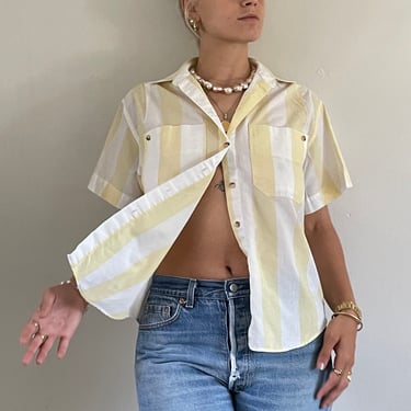 90s striped cotton shirt / vintage butter yellow wide awning stripe oversized camp button down pocket over shirt | Large 