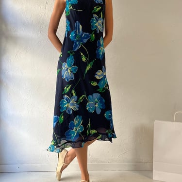 90s ‘DJ Summers’ Blue Floral Print Dress / Medium - Large 