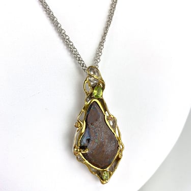 Vintage Artisan Boulder Opal & Sterling Silver Pendant Necklace 18" Chain 