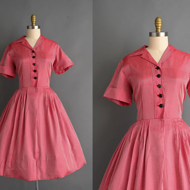 vintage 1950s Dress | Red & Black Plaid Print Short Sleeve Full Skirt Dress | Large 