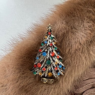 1950s Vintage Jeweled Frosted Christmas Tree Brooch Pin ModeArt Jewelry Creation 