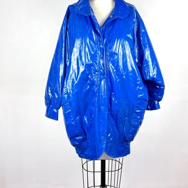 Vintage 80s Raincoat / Padded Puffer Blue Vinyl Rain Jacket / Square Polka Dot / Rain Coat Jacket Poncho / 1980s Cocoon Style Black Medium 