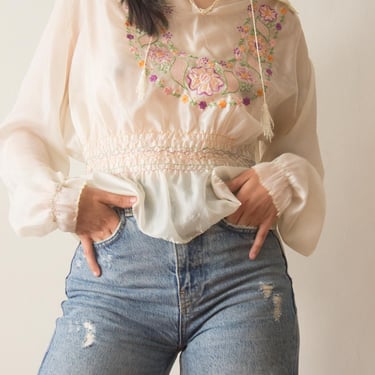 1940s Parachute Silk Embroidered Peasant Top - Multi 