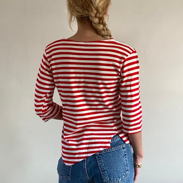 70s striped cotton tee / vintage red striped cropped boatneck long sleeve nautical striped Breton combed cotton tee tshirt | Extra Small 