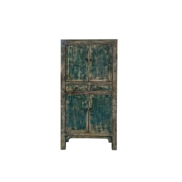 Distressed Olive Green Rim Teal Blue Doors Storage Cabinet ws4319E 