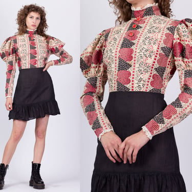 60s Does Victorian Gigot Sleeve Dress - Medium | Vintage Boho Puff Sleeve A Line Floral Costume Mini Dress 