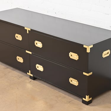Michael Taylor for Baker Furniture Hollywood Regency Black Lacquered Campaign Chest of Drawers, Newly Refinished