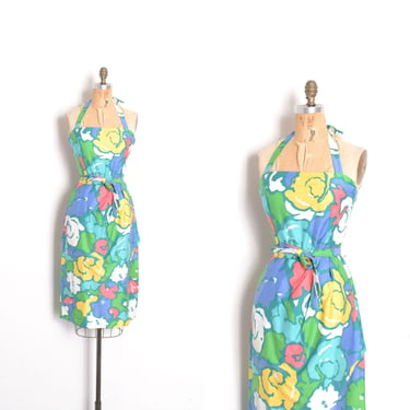 Vintage 1970s Dress / 70s Malia Floral Cotton Sarong Dress / Blue Green ( S M ) 