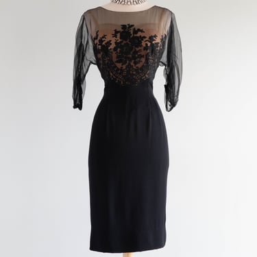 Stunning 1950's Nude Illusion Lace Black Cocktail Dress With Sheer Sleeves / ML