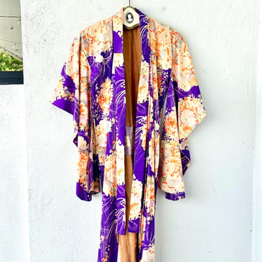 Antique 1920s 1940s Japanese Kimono Purple Floral Duster Boho Asian Robe 