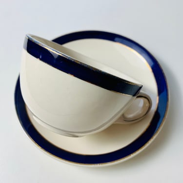 4 x Alfred Meakin Bleu de Roi Oversized Tea Cups + Saucers 1940s Vitro Hotel Ware Made in England for elegant dinner party replacement gift 