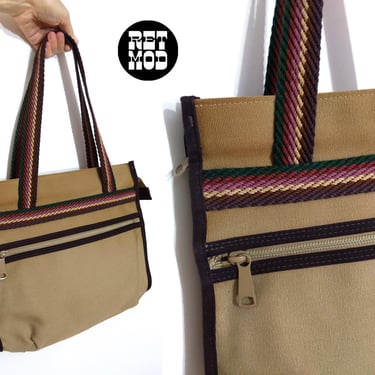 Cool Vintage 70s 80s Beige Canvas Handbag with Woven Purple Green Brown Stripe Strap 