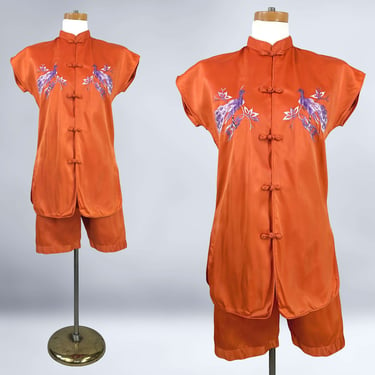 Vintage 50s 60s Cheongsam Loungewear Tea Timer Tunic and Shorts Set By Suzy Wong Sz M | 1950s 1960s 2-Piece Pajama Set 