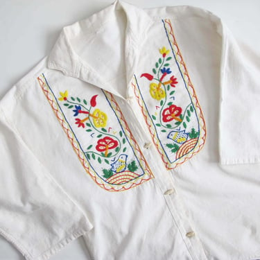 Vintage 70s Embroidered Floral Blouse M  - 1970s White Cotton Peasant Button Up Blouse Flower Bird Embroidery 