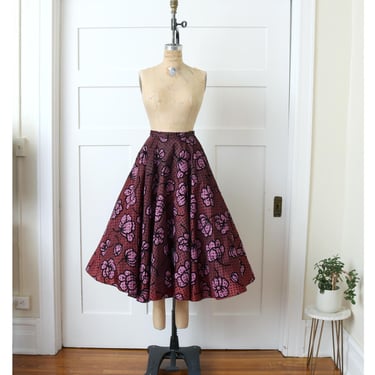 vintage 1950s flocked floral skirt • hand painted full cut circle skirt in plum pink taffeta 