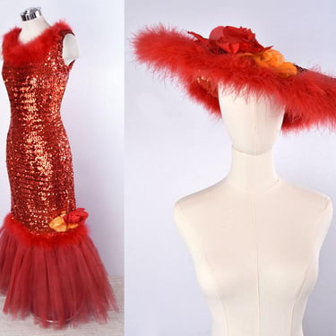 MAE WEST Vintage COSTUME Red Fully Sequin Wiggle Dress Gown 1950s, 1960s Mermaid Tulle Skirt Feathers Drag Cancan Western Wide Brim Tilt Hat 