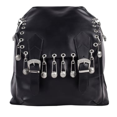 Gianni Versace Vintage SS 1994 Silver Safety Pin Embellished Black Leather Backpack