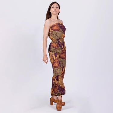 Vintage 80s Boho Autumn Floral Strapless Jumpsuit - Extra Small | Tropical Print One Piece Romper Pantsuit 