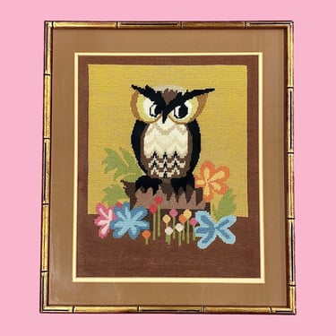 Vintage Owl Needlepoint 1970s Retro Size 26x22 Mid Century Modern + Homemade + Bird w/ Flowers + Embroidery + Fiber Art + Home + Wall Decor 