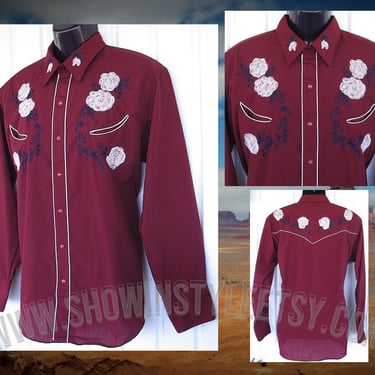 Karman Vintage Western Men's Cowboy, Rodeo Shirt, Burgundy with Light Gold Embroidered Flowers, 17-35, Approx. XLarge (see meas. photo) 