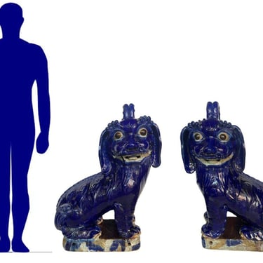 19thC. Oversized Chinese Cobalt Blue Glazed Earthenware Models of Mythical Beast