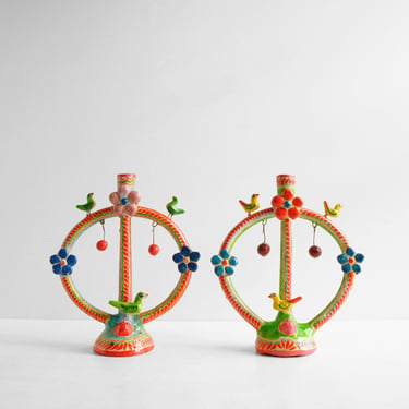 Vintage Mexican Folk Art Tree of Life Candle Holders, Bird and Flower Hand Painted Candle Holders 