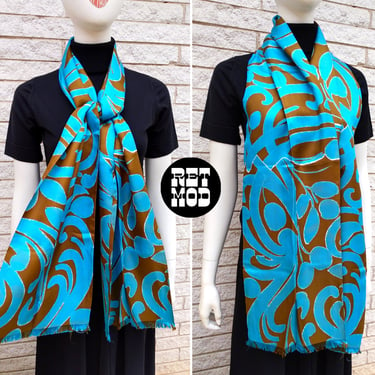 Beautiful Large Vera Vintage 60s 70s Blue Brown Abstract Patterned Long Scarf 