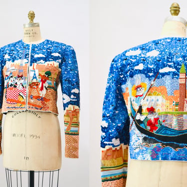 90s Vintage Jeanette Kastenberg Platinum Sequin Jacket Looney Tunes Bugs Bunny Cartoon Sequin Paris France Venice Italy Beaded Jacket 