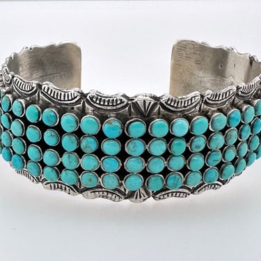 Artisan Petit Point Turquoise & Sterling Silver Cuff Native American Stamped 