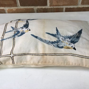 Antique 30's Bluebird Embroidered Pillow Case, Small Pillow Case, Handmade, Bluebird Of Happiness Pillow, Mail Order Kit 