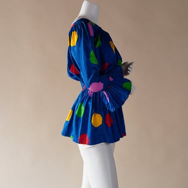 S/S 1988 Yves Saint Laurent Rive Gauche runway polka dot blue peplum top/dress with rainbow spots 