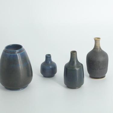 Small Mid-Century Scandinavian Modern Collectible Blue & Brown Stoneware Vase by Gunnar Borg for Gunnars Keramik Höganäs, 1960s, Set of 4 