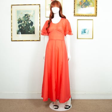 Vintage 1970s Orange Maxi Summer Dress Short Butterfly Sleeves Size S UK 8 