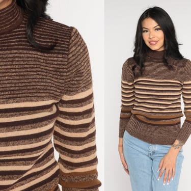 70s Turtleneck Sweater Brown Striped Pullover Sweater Retro Neutral Knit Jumper Seventies Knitwear Funnelneck Vintage 1970s Extra Small XS S 