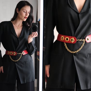 Vintage 80s Donna Karan Rich Red Leather Grommet Belt w/ Gold Link Chain | Made in Italy | 100% Genuine Leather | 1980s DKNY Designer Belt 