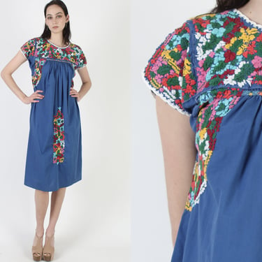 Royal Blue Oaxacan Mini Dress / Colorful Hand Embroidery / Womens Mexican Vestido / Floral Dia De Los Muertos Fiesta Cotton Dress 