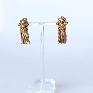 Gold and Faux Pearl Tassle Clip On Earrings