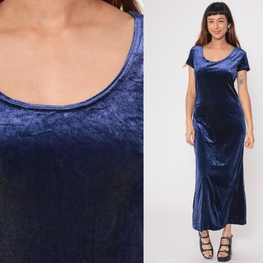 Blue Velvet Dress 90s Maxi Dress Goth Velour Party Dress Short Sleeve Sheath Dress Going Out Scoop Neck 1990s Gothic Vintage Medium 