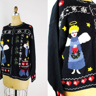 80s Christmas Angels Cardigan / Holiday cardigan / Ugly Christmas Sweater / Stars / Snowflakes / Vintage Cotton cardigan  /Size M/L 