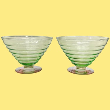 Vintage Watermelon Bowls Retro 1940s Art Deco + Green and Pink + Ribbed/Beehive + Uranium Glass + Set of 2 + Kitchen + Berry/Fruit Storage 
