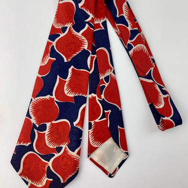 1940's-50's Jacquard Printed Tie - HANWAY Maker - Deep Navy Blue with Rusty Red Abstract Pattern 