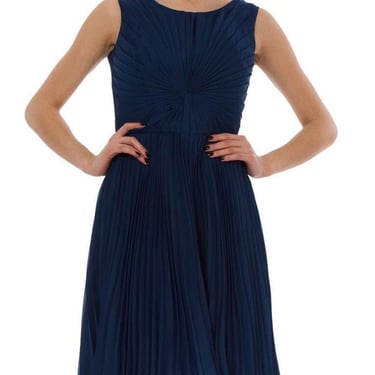 1960S Sapphire Blue  Polyester Chiffon Pleated Fan Bodice Cocktail Dress Made In France 
