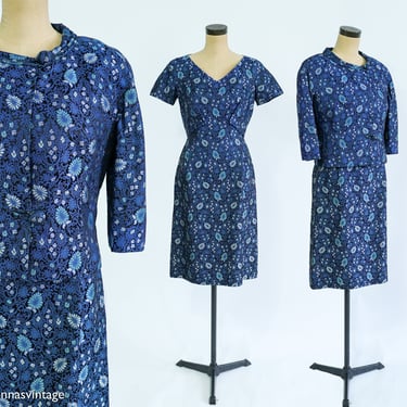 1960s Blue Brocade Dress & Jacket Set | 60s Navy Blue Print Brocade Dress Set | Mary Louise | Small 