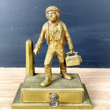 Gilt metal shoeshine boy match holder - turn of century antique 