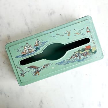 Vintage Metal Tissue Box Cover Vintage Green Nautical Scene Paint by Number Coastal Lighthouse Ships Seagulls Shabby Chic Bathroom Beachy 