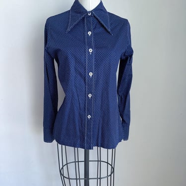 Vintage 1970s Navy and White Polka Dotted Shirt / XS 