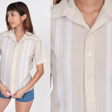 Beige Striped Shirt 70s Shirt White Stripes Collar Oxford Top Short Sleeve Shirt Button Up 1970s Collared Shirt Vintage Men's Small Medium 