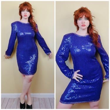 1980s Vintage Maple Wet Look Sequin Dress / 80s / Eighties Shimmering Purple Long Sleeve Beaded Party Dress / Size Large 